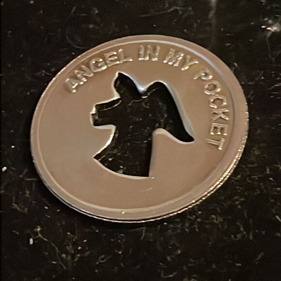 1” silver tone round coin w/Angel shape cut out “Angel in my pocket” - Picture 9 of 12